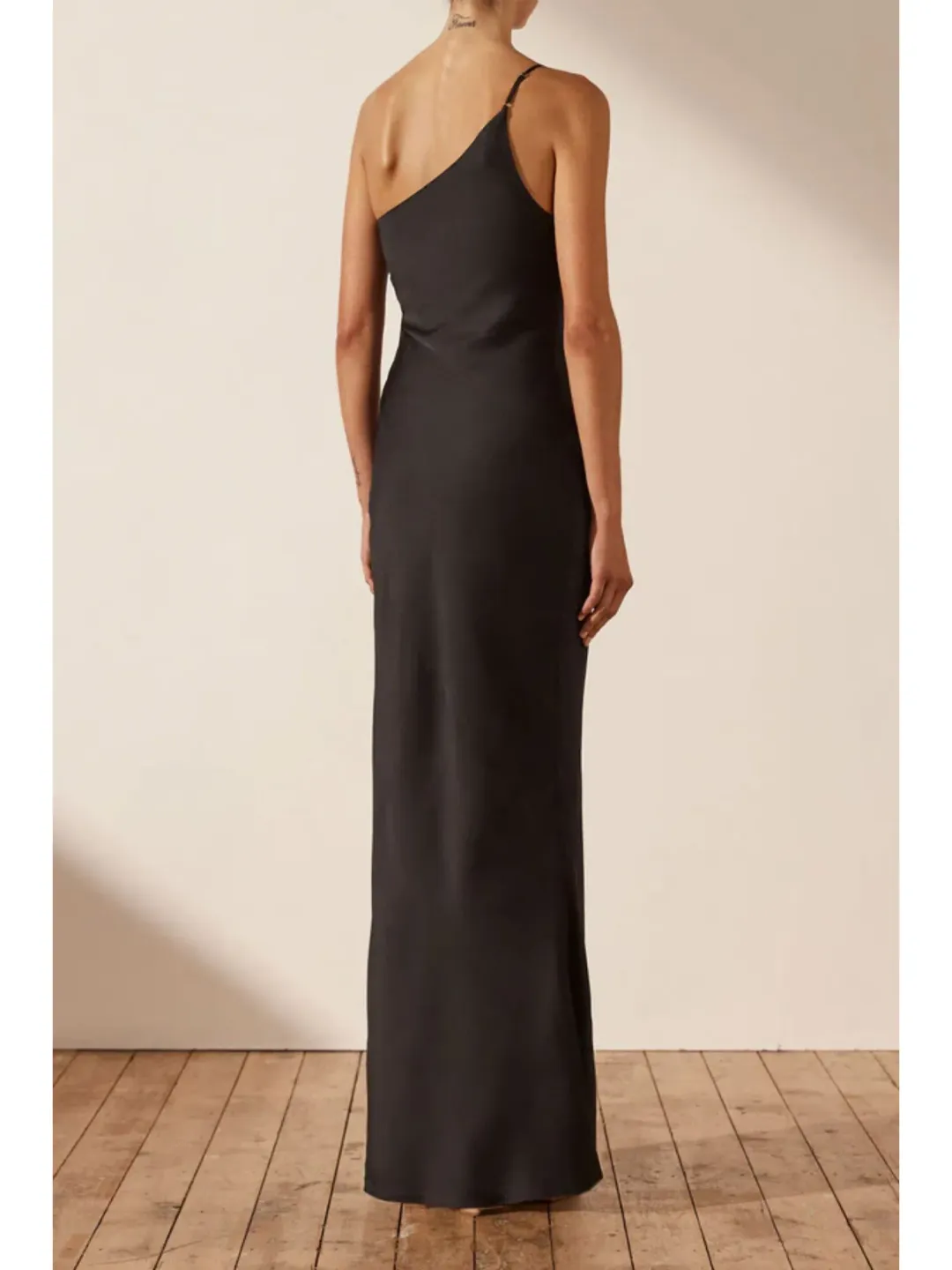 Shona Joy Asymmetrical Gathered Maxi Dress in Black Size AU 6 for rent on The Volte - main image