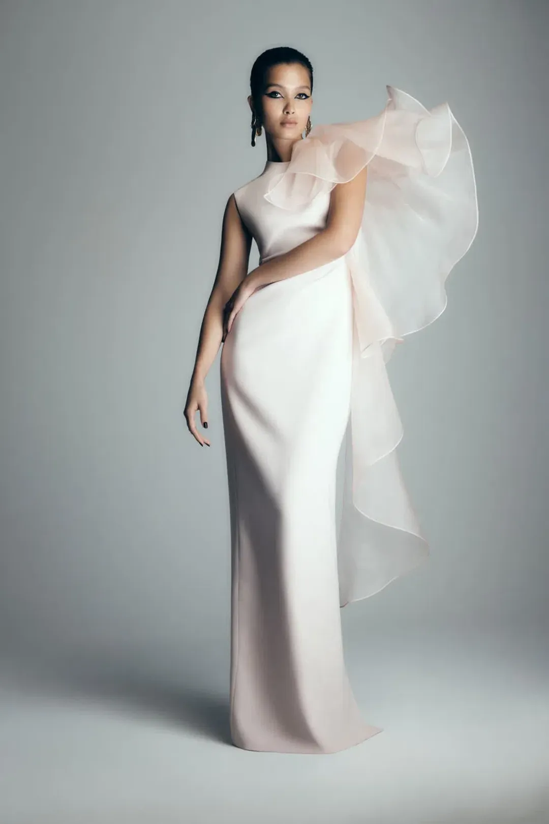 Carla Zampatti Peony Crepe Ruffled Shoulder Gown Blush Size 14 for rent on The Volte - main image