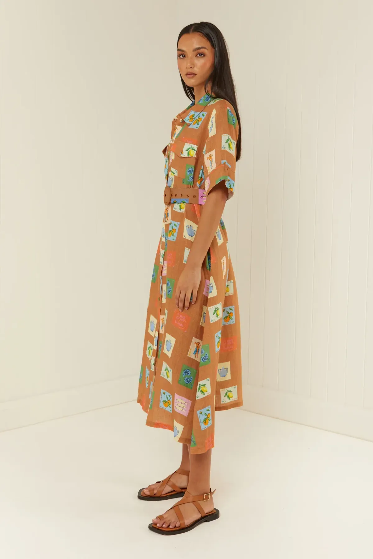 Palm Noosa Souvenir Shirt Midi Dress Brown Emblem Size 14 - Image 2
