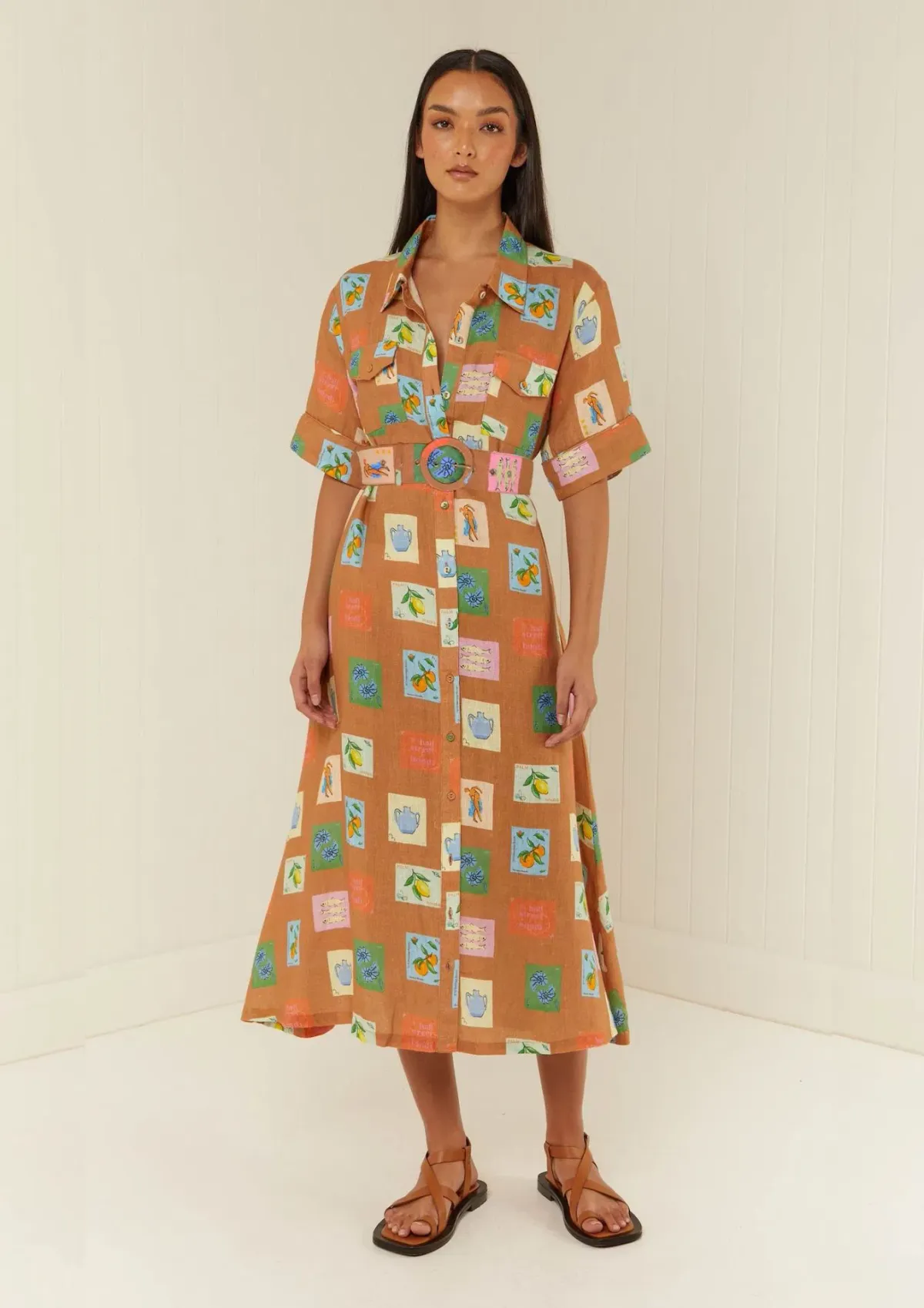 Palm Noosa Souvenir Shirt Midi Dress Brown Emblem Size 14 - Image 1