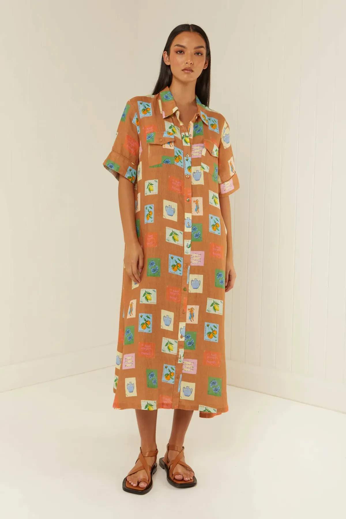 Palm Noosa Souvenir Shirt Midi Dress Brown Emblem Size 14 - Image 5