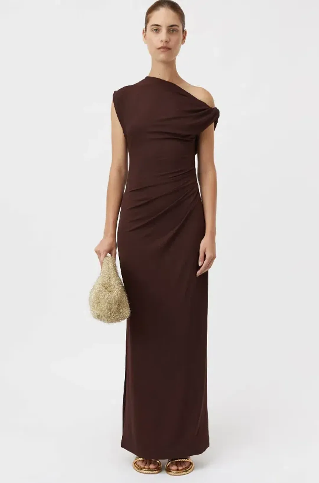 Camilla and Marc Annalise Draped Maxi Dress Chocolate Brown Size 8 for rent on The Volte - main image
