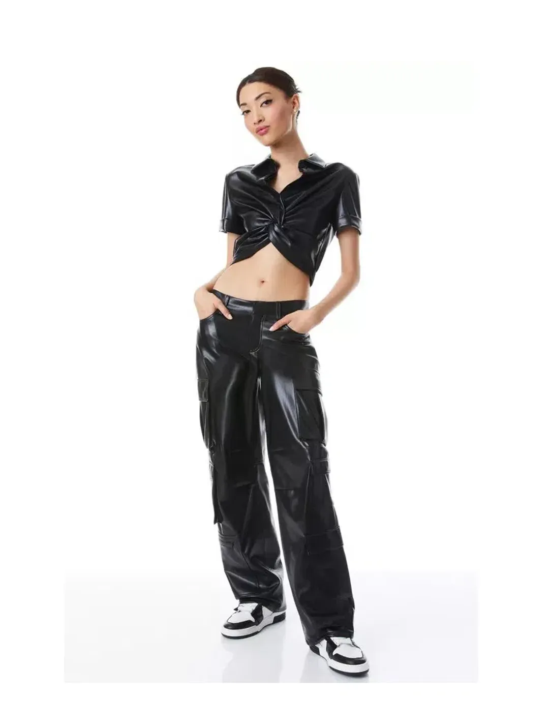 Alice + Olivia Phebe Cropped Twisted Vegan Leather Top Black Size S/ AU 8 for rent on The Volte - main image