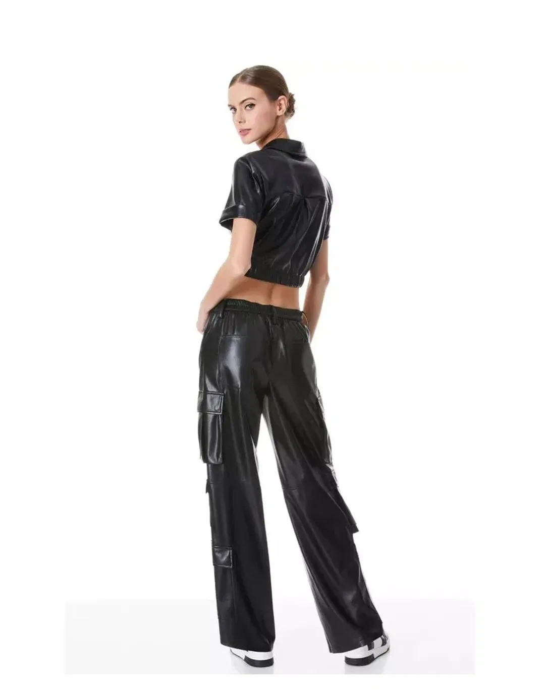 Alice + Olivia Phebe Cropped Twisted Vegan Leather Top Black Size S/ AU 8 for rent on The Volte - main image