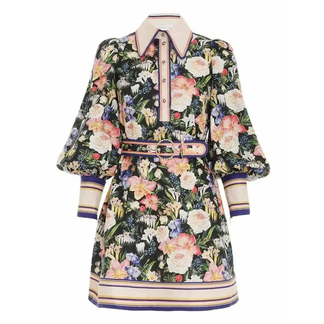 Zimmermann Coaster Long Sleeve Tunic Dress Mayflower Black Floral Print Size 1 / AU 10 for rent on The Volte - main image