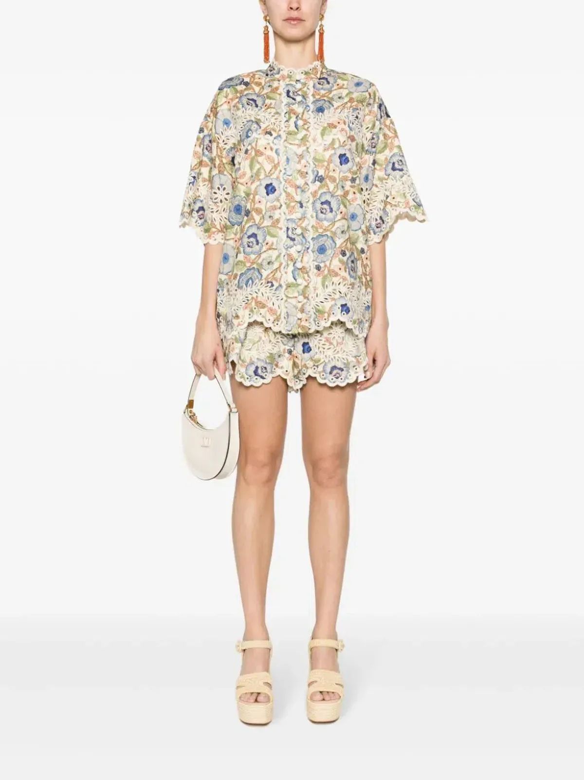 Zimmermann The Junie Embroidered Shirt and Short Set in Ivory/Blue Floral Size 0 / AU8 for rent on The Volte - main image