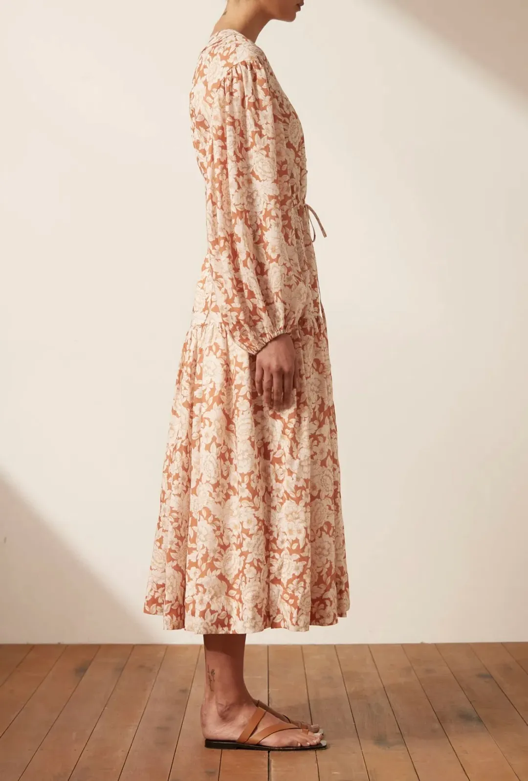 Shona Joy Flor Balloon Sleeve Drawstring Midi Dress Floral Size 12 for rent on The Volte - main image