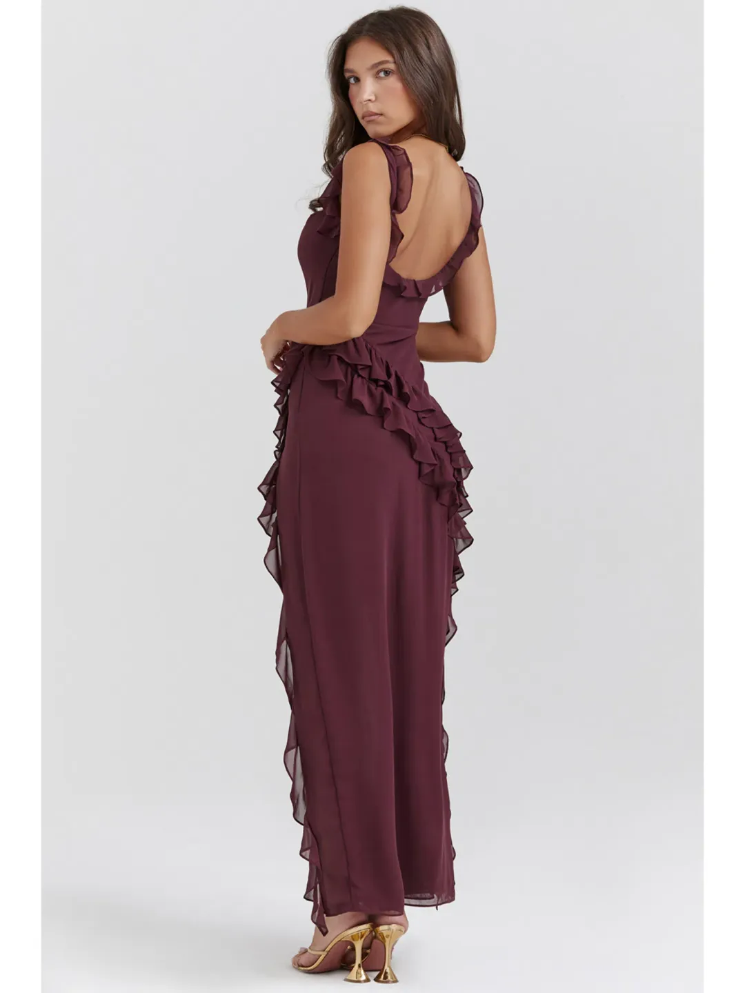 House Of Cb Ariela Ruffle Maxi Dress Mulberry Size S / AU 8 for rent on The Volte - main image
