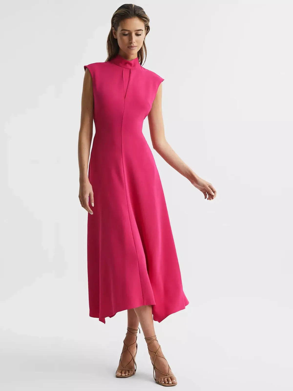 Reiss Livvy Open Back Midi Dress in Bright Pink Size 8 for rent on The Volte - main image
