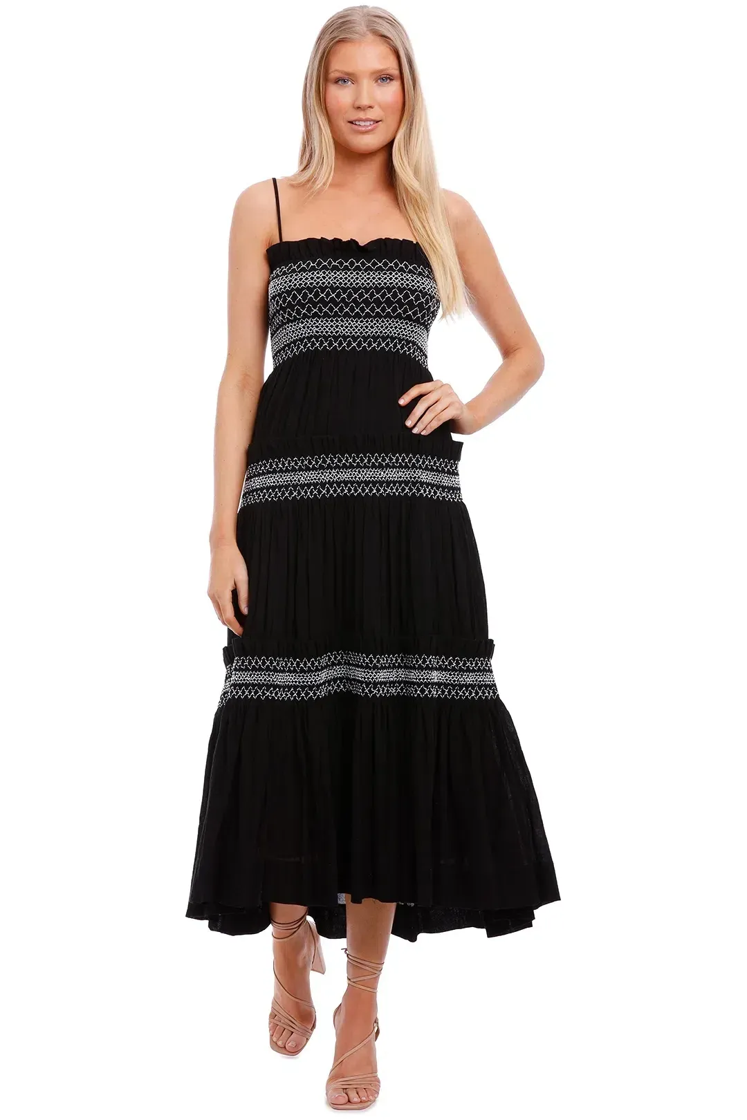 Shona Joy Leda Shirred Tiered Midi Dress Black Size 8 for rent on The Volte - main image