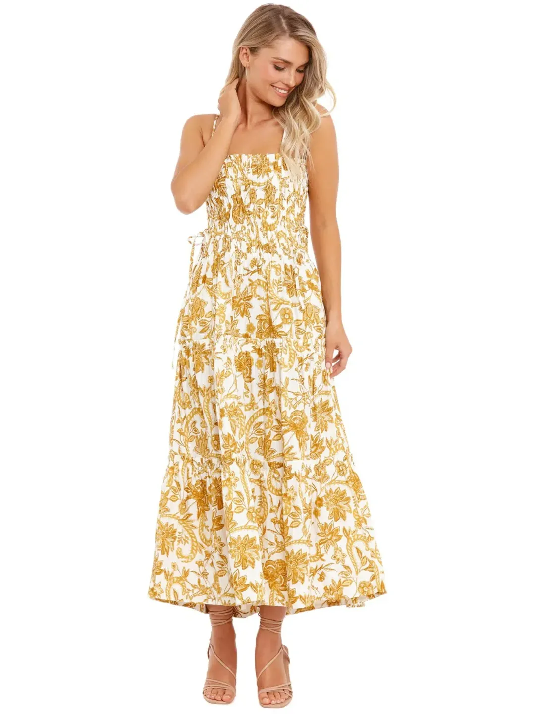 Shona Joy Tiered Midi Dress in Curry Size AU 8 for rent on The Volte - main image