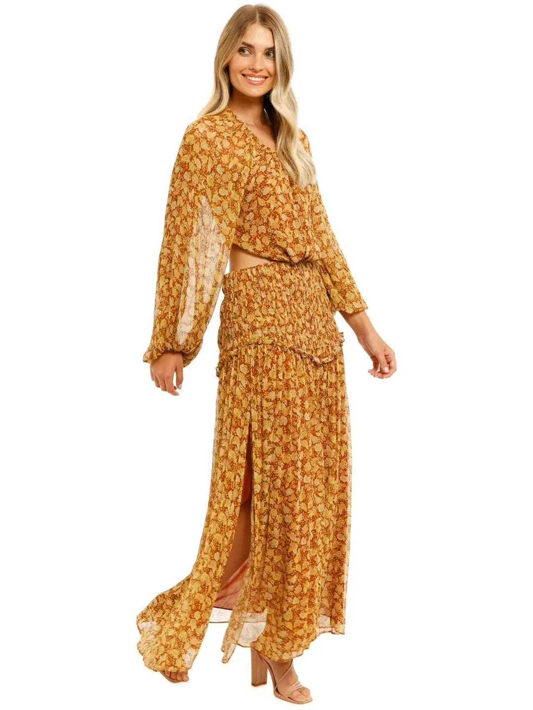 Shona Joy Sunset Cut Out Midi Dress in Tumeric Size AU 12 for rent on The Volte - main image