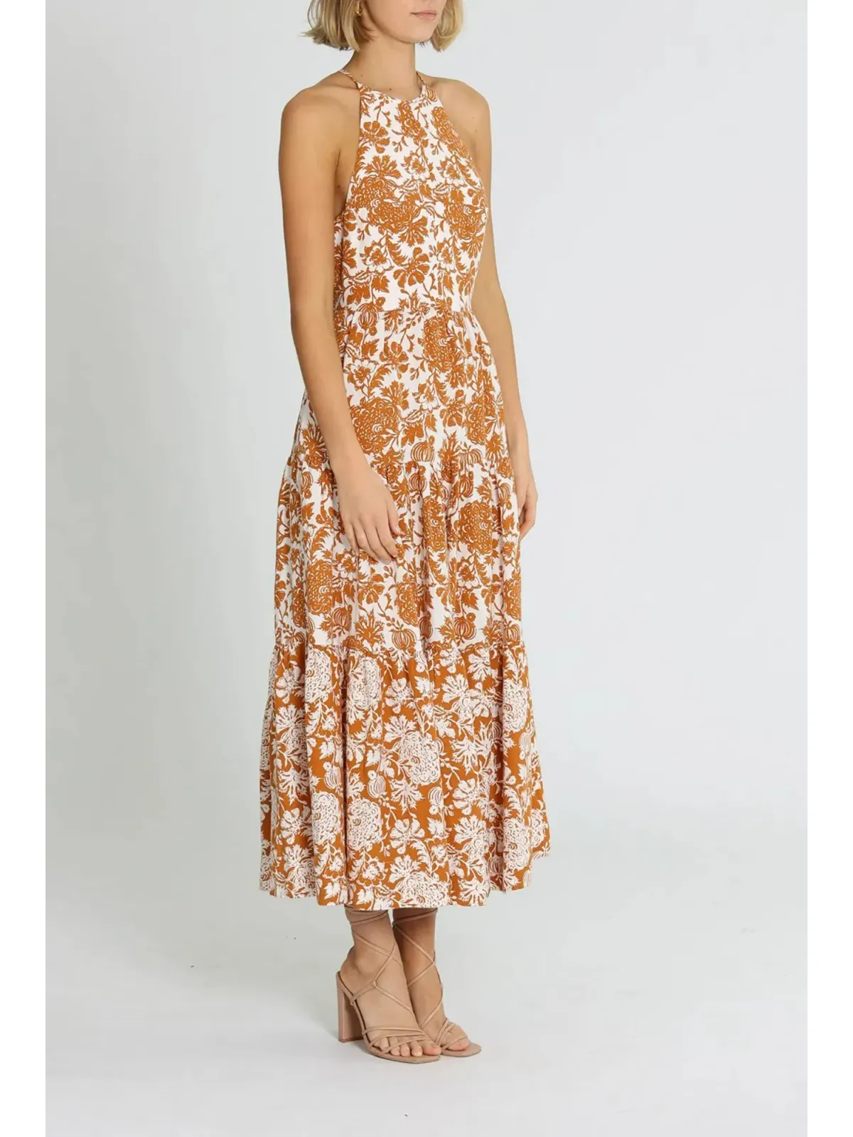 Shona Joy Vitoria Halter Midi Dress Brown Print Size AU 10 - Image 2