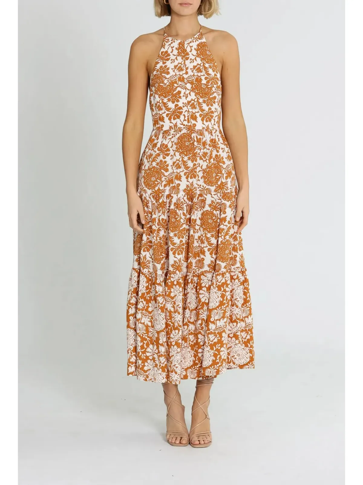 Shona Joy Vitoria Halter Midi Dress Brown Print Size AU 12 - Image 1