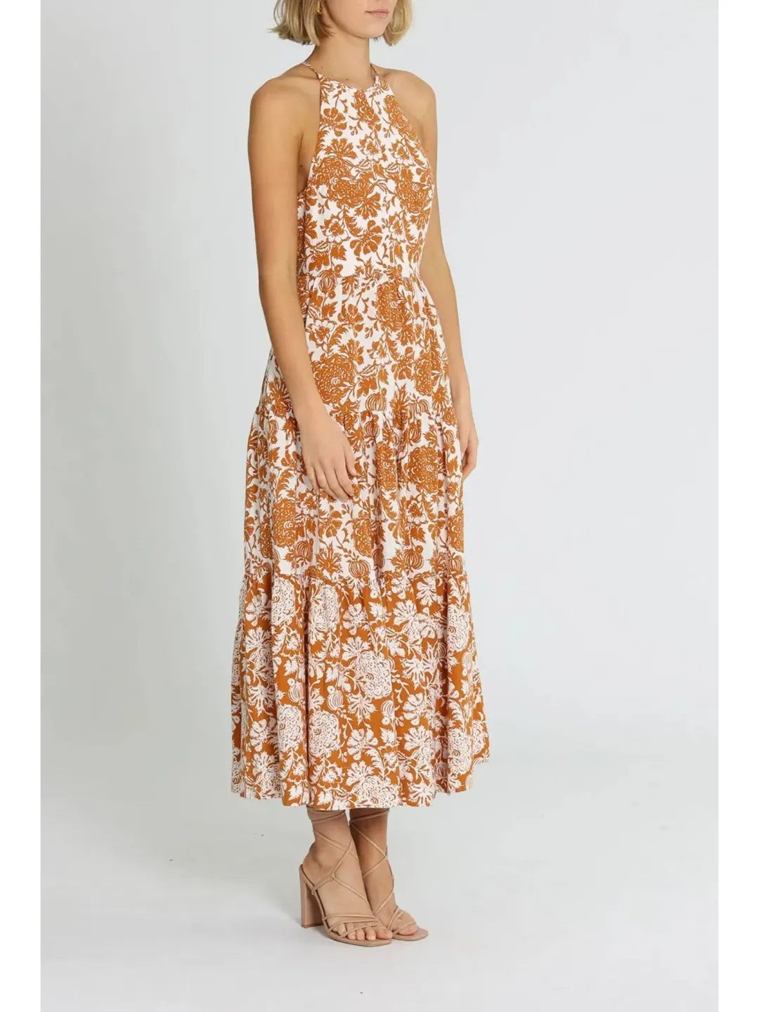 Shona Joy Vitoria Halter Midi Dress Brown Print Size AU 8 for rent on The Volte - main image