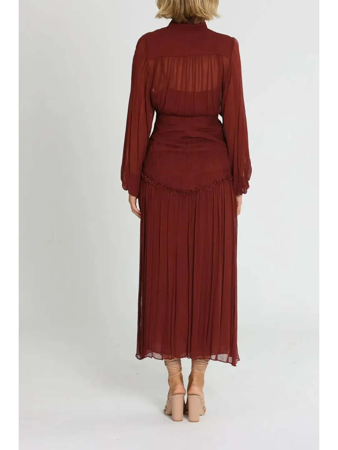 Shona Joy Safira Button Up Ruched Midi Dress in Sangria Size AU 10 for rent on The Volte - main image