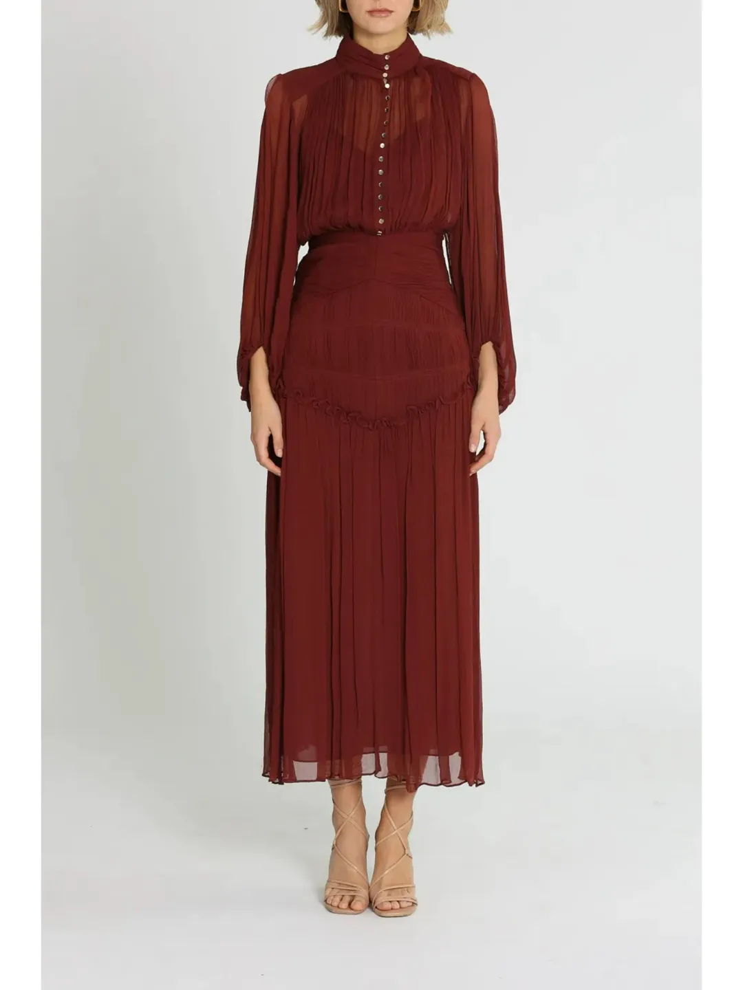 Shona Joy Safira Button Up Ruched Midi Dress in Sangria Size AU 10 for rent on The Volte - main image