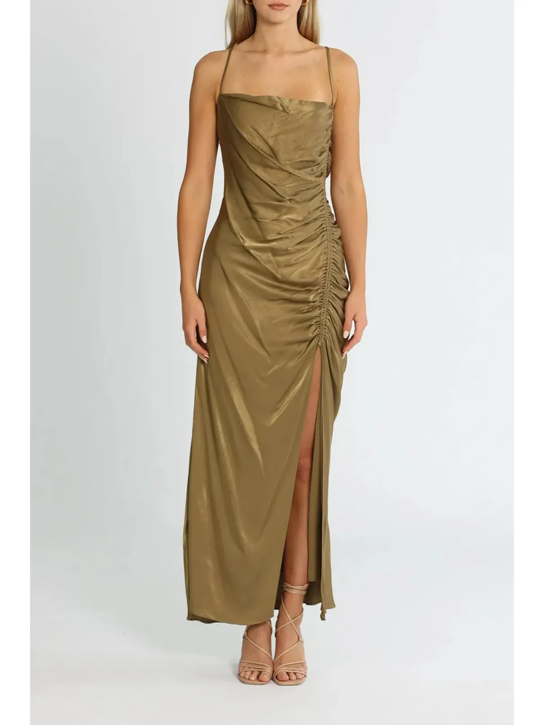 Shona Joy Thalia Bias Ruched Midi Dress in Cumin Size AU 12 for rent on The Volte - main image