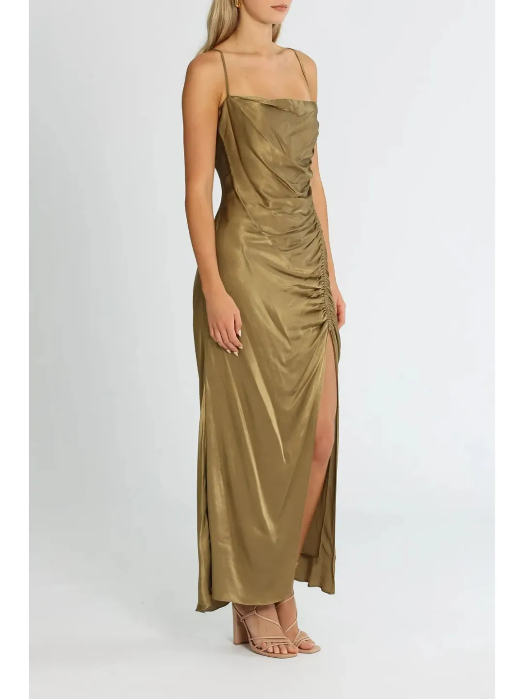 Shona Joy Thalia Bias Ruched Midi Dress in Cumin Size AU 6 for rent on The Volte - main image