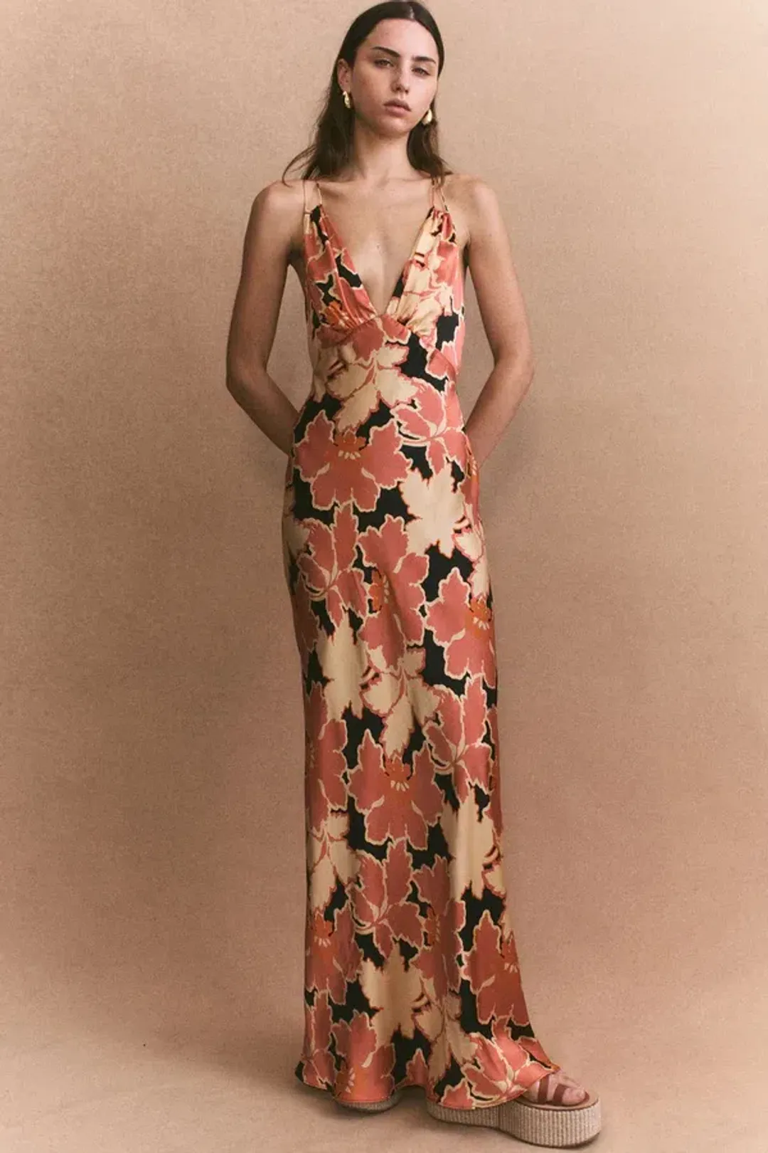 Shona Joy Rosa Silk Plunged Double Strap Maxi Dress Coral Pink/Multi Size 14 for rent on The Volte - main image