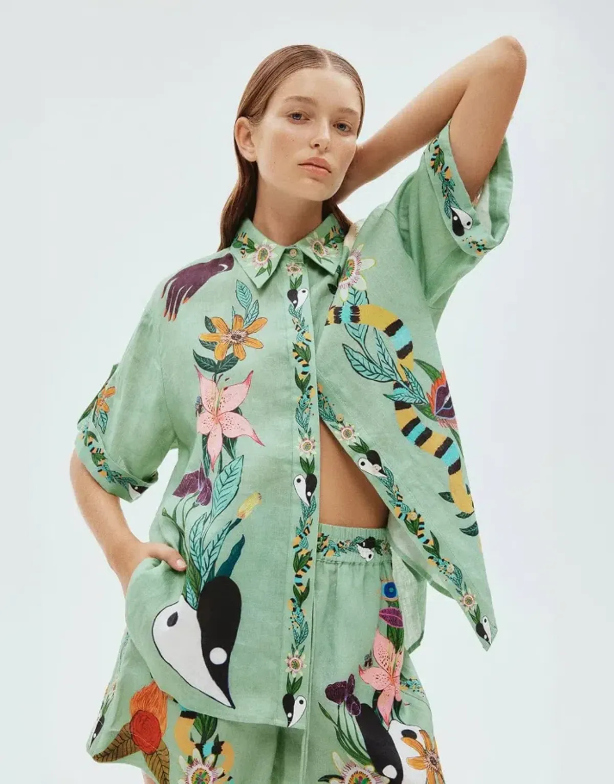 Alemais Meagan LInen Shirt Size 12 and Shorts Size 14 Set Green/Print - Image 3
