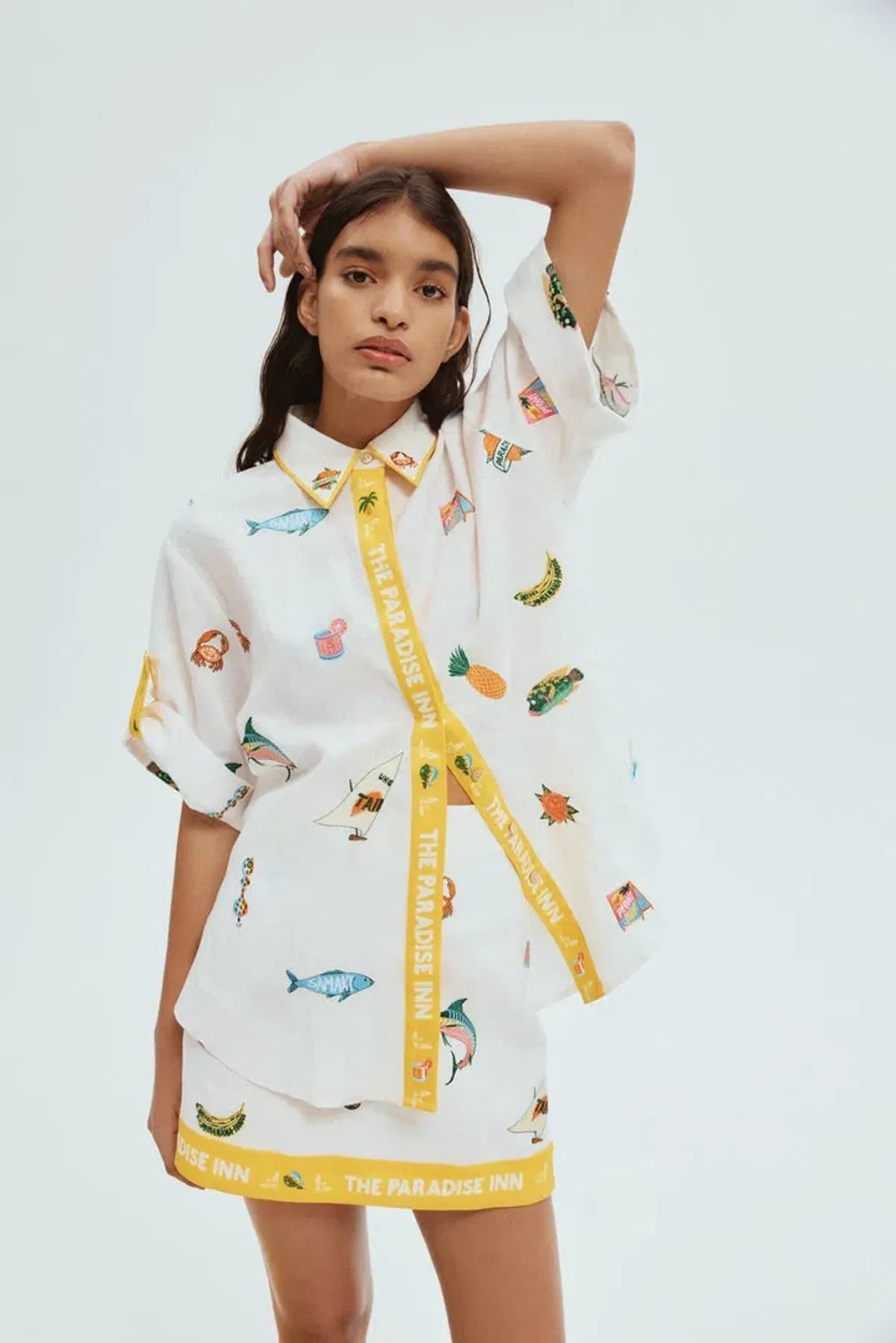 Alemais Blue Marlin Embroidered Shirt and Skirt Set in Cream Size 8 - Image 2