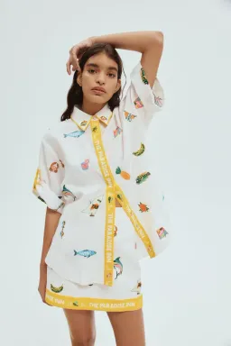 Alemais Blue Marlin Embroidered Shirt and Skirt Set in Cream Size 8 for rent on The Volte - image 2