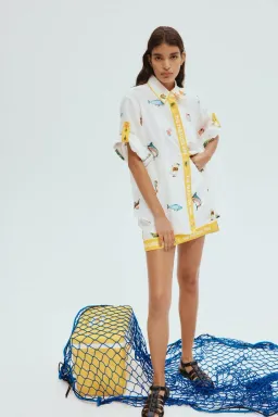 Alemais Blue Marlin Embroidered Shirt and Skirt Set in Cream Size 8 for rent on The Volte - image 1