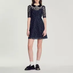 Sandro Lucianita Embellished Lace Mini Dress Midnight Blue Size 8 for rent on The Volte - image 1