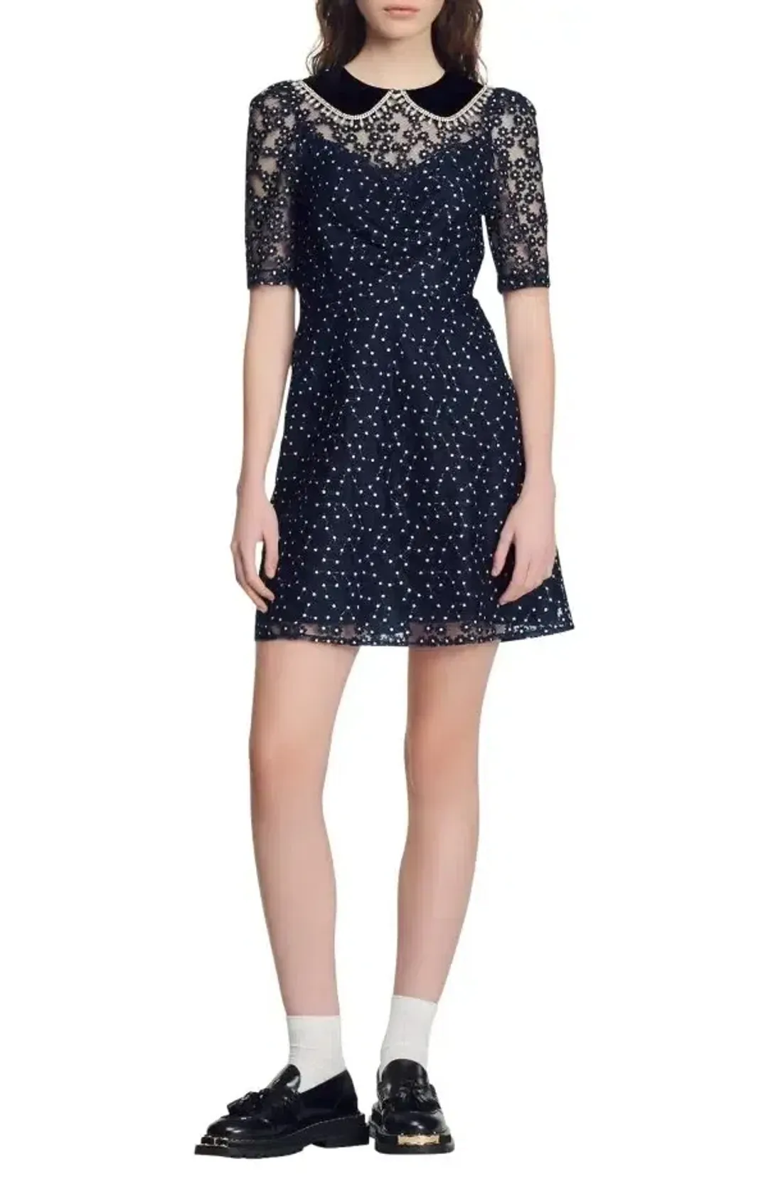 Sandro Lucianita Embellished Lace Mini Dress Midnight Blue Size 8 for rent on The Volte - main image