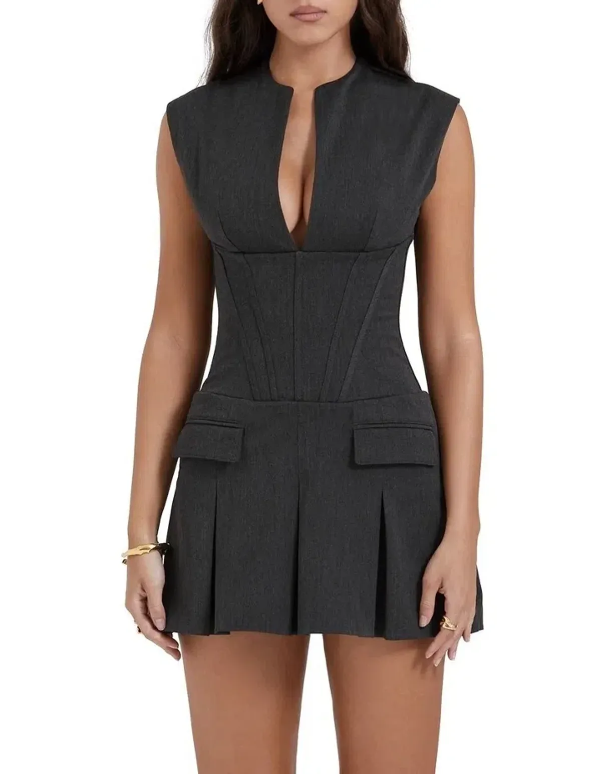 House of CB Eleanor Pleated Corset Mini Dress in Charcoal Size XS / AUS 6 - Image 2