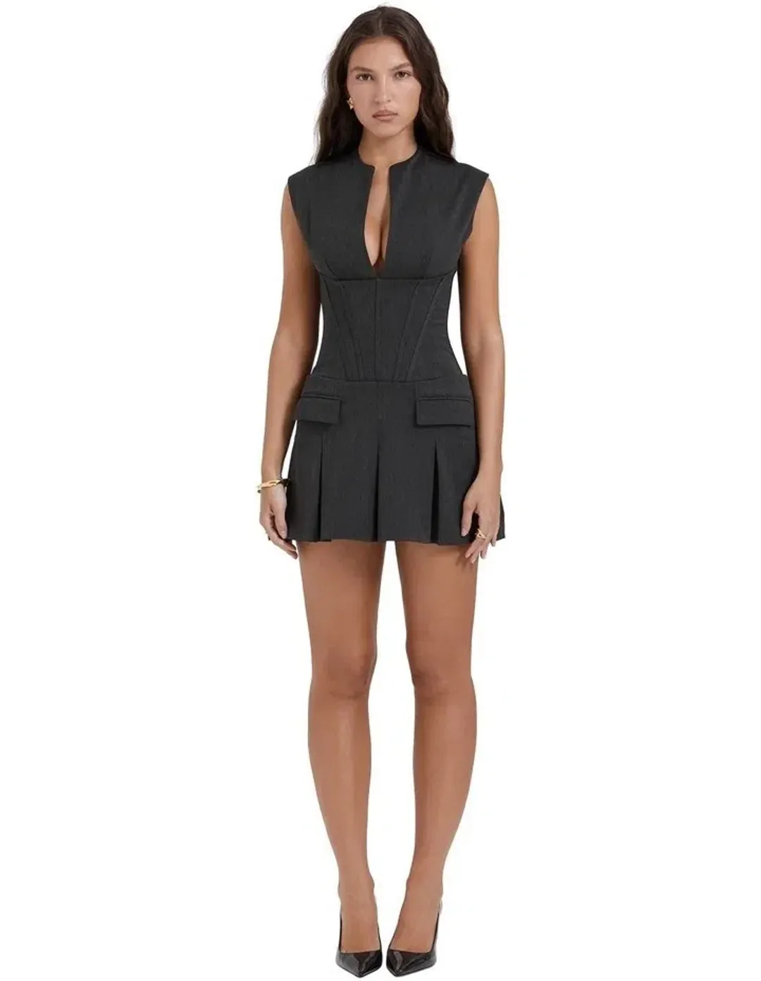 House of CB Eleanor Pleated Corset Mini Dress in Charcoal Size XS / AUS 6 for rent on The Volte - main image