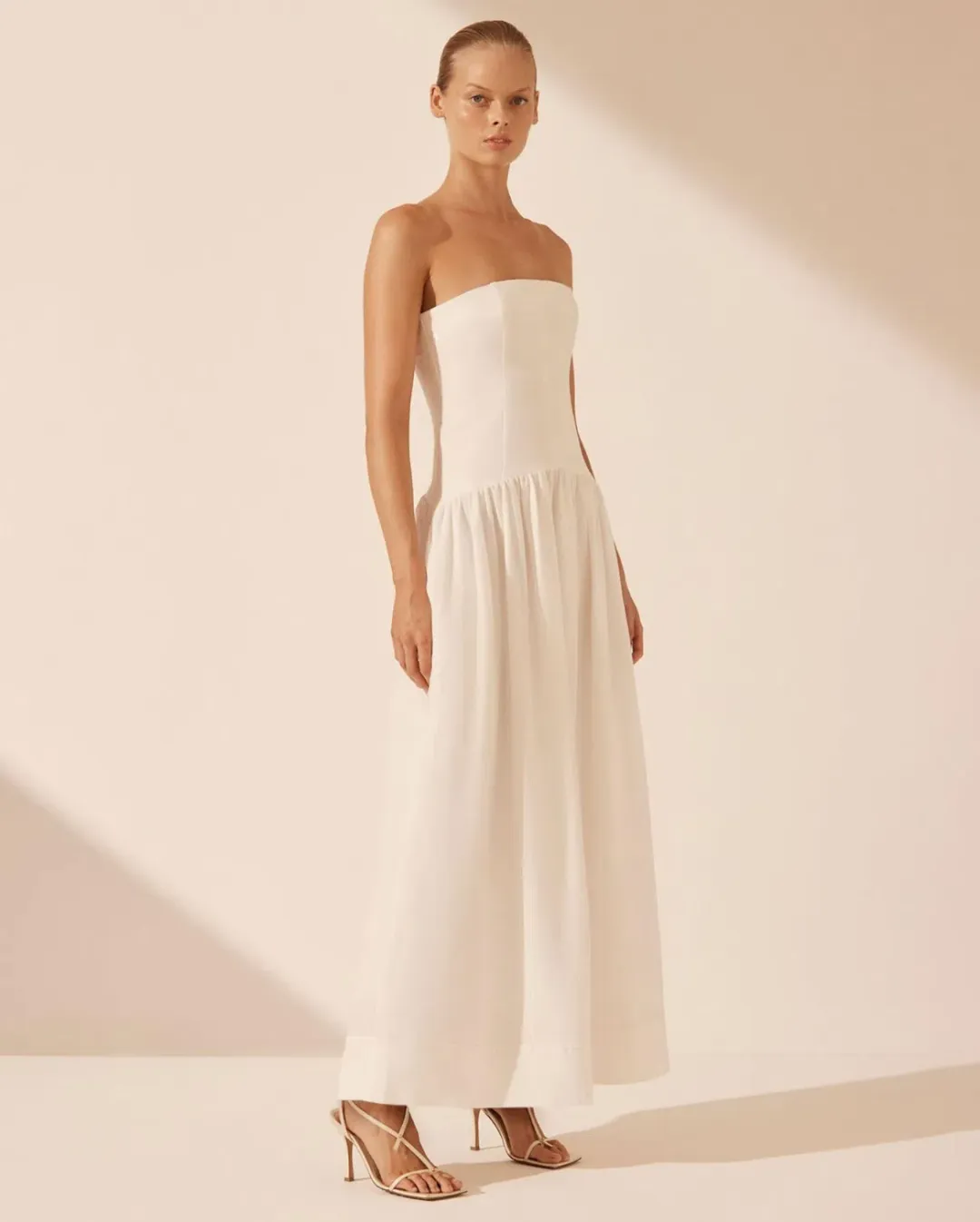 Shona Joy Blanc Linen Strapless Panelled Maxi Dress Ivory Size 8 for rent on The Volte - main image