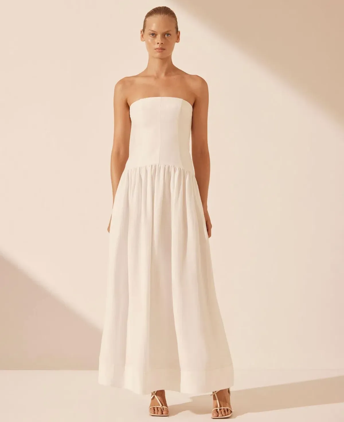 Shona Joy Blanc Linen Strapless Panelled Maxi Dress Ivory Size 8 for rent on The Volte - main image