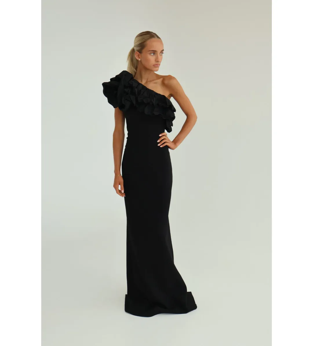 Rebecca Vallance Chloe One-Shoulder Taffeta-Trimmed Stretch Gown Black Size 6 for rent on The Volte - main image