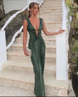 Roberto Cavalli Low V Neck Dress Green Metallic Size 8 for rent on The Volte - image 1