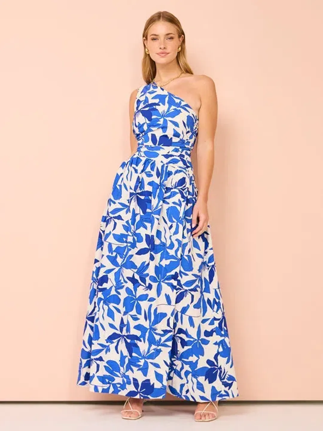 Shona Joy Bleue Asymmetrical Cut Out Maxi Dress Blue Floral Print Size 12 for rent on The Volte - main image