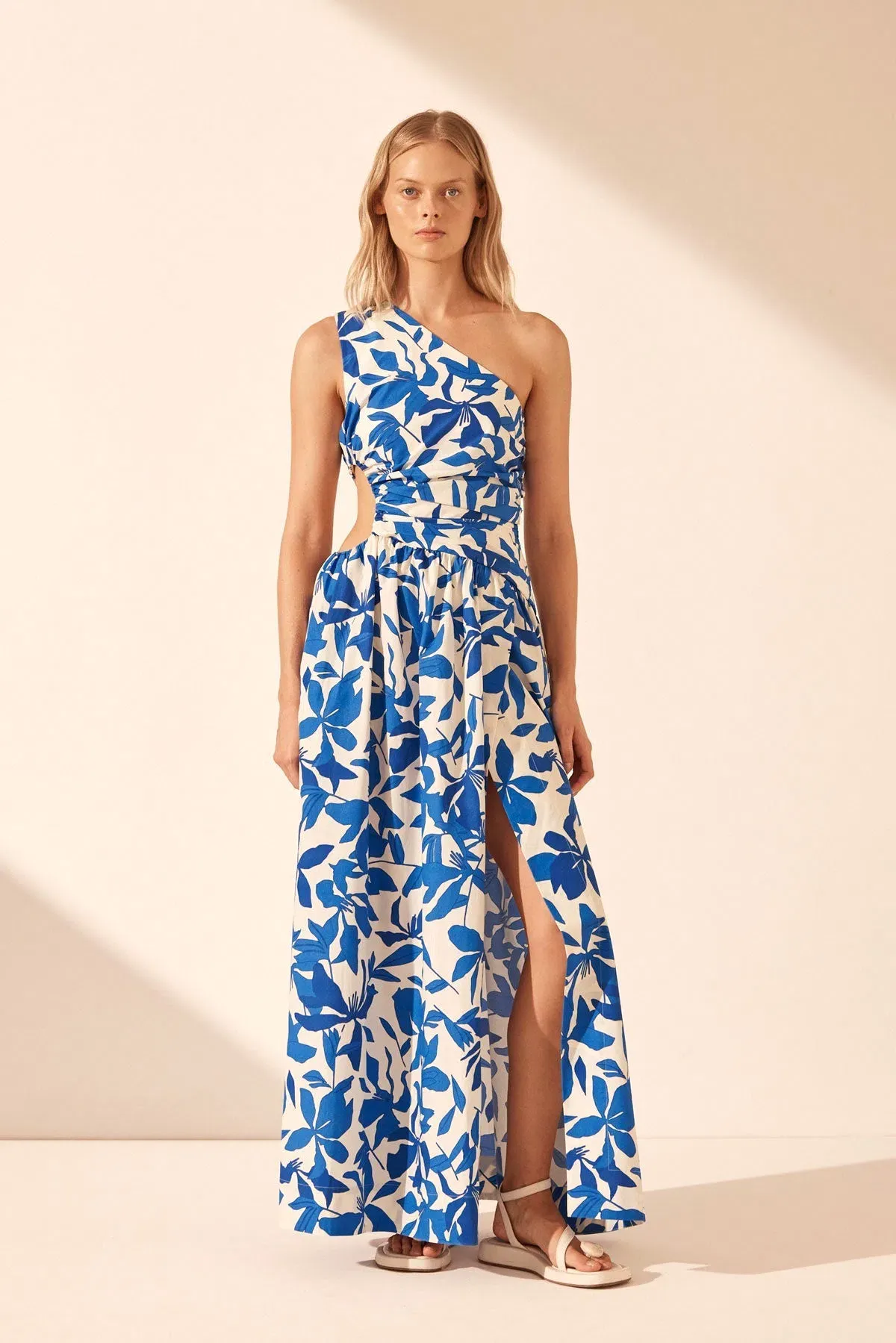Shona Joy Bleue Asymmetrical Cut Out Maxi Dress Blue Floral Print Size 12 - Image 1
