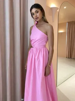 By Nicola Gabriella One Shoulder Midi Dress In Pink Grapefruit Size 12 for rent on The Volte - image 2