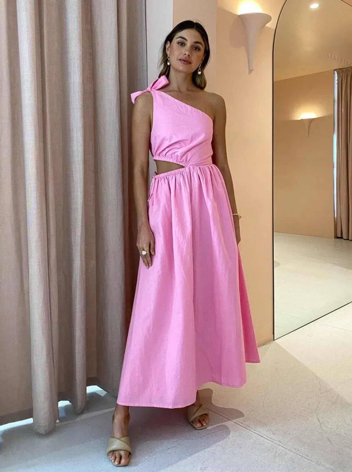 By Nicola Gabriella One Shoulder Midi Dress In Pink Grapefruit Size 12 for rent on The Volte - main image
