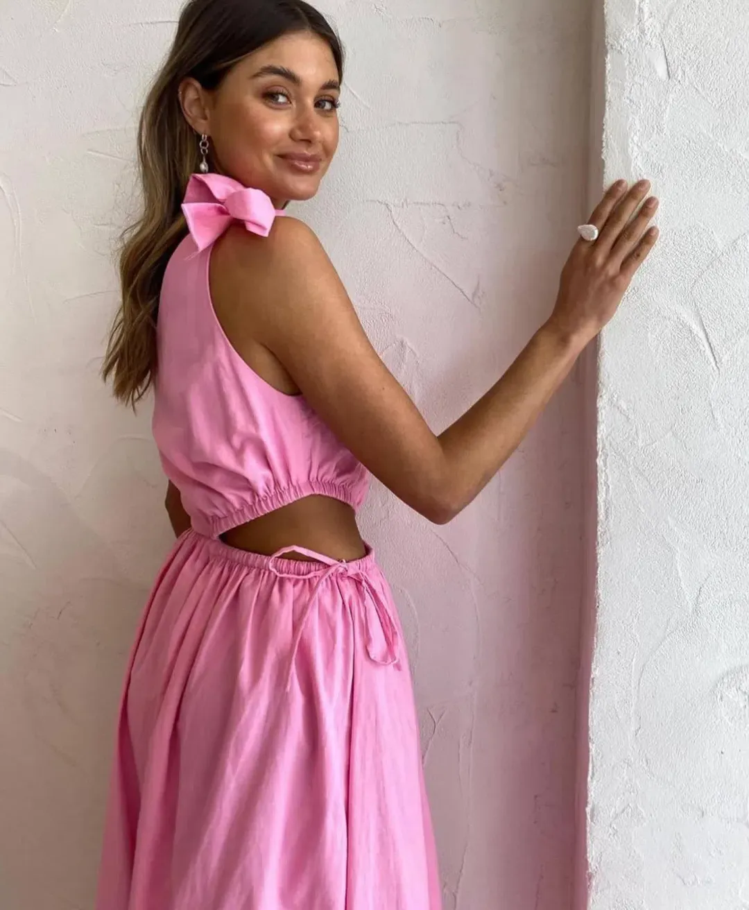 By Nicola Gabriella One Shoulder Midi Dress In Pink Grapefruit Size 12 for rent on The Volte - main image