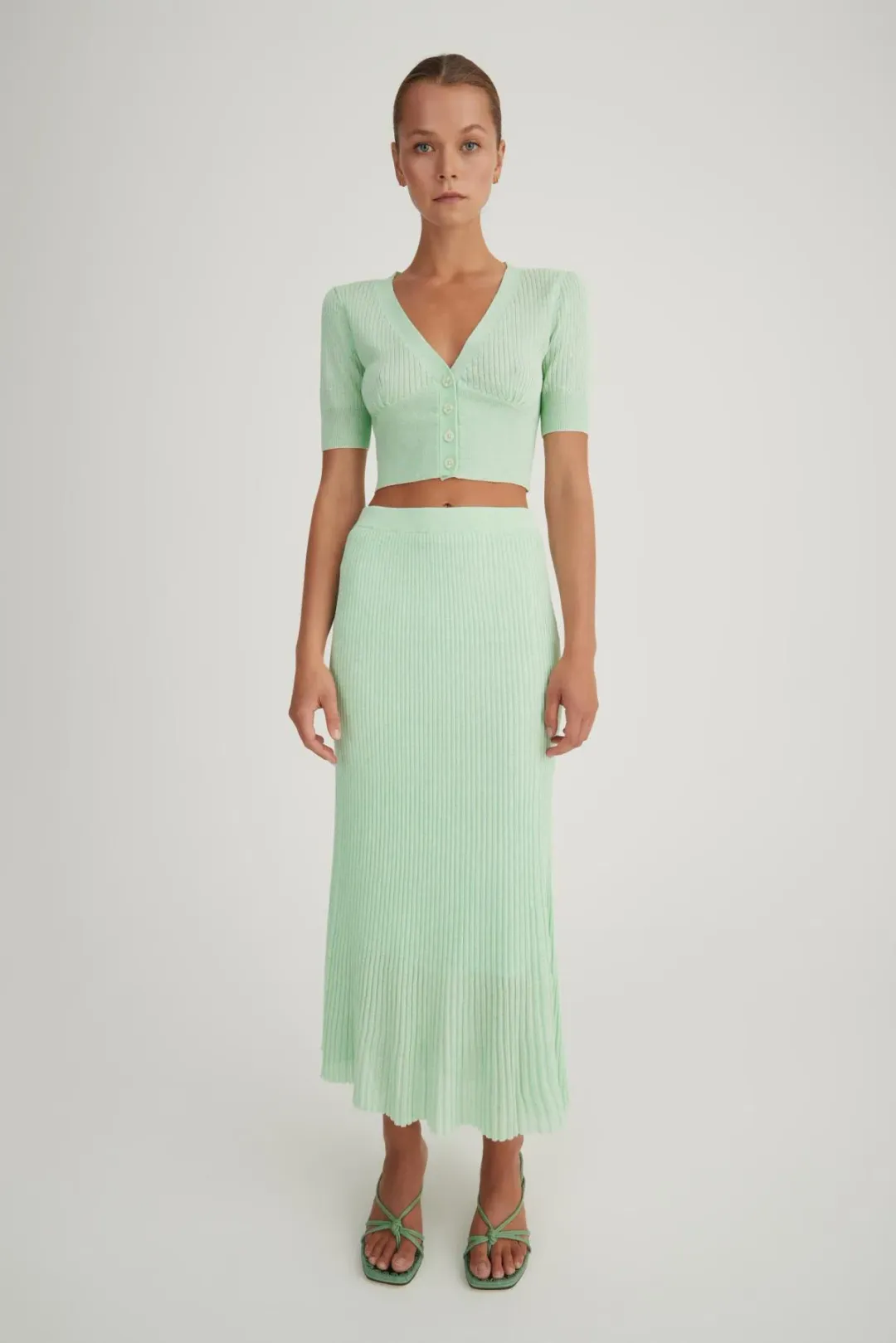 Hansen & Gretel Bernie Knit Cardigan and Midi Skirt Set Melon Size S / AU 8 for rent on The Volte - main image