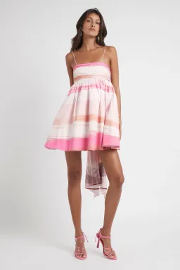 Aje Kasbah Sunset Stripe Ruched Bow Back Mini Dress Pink Print Size 4 for rent on The Volte - image 1