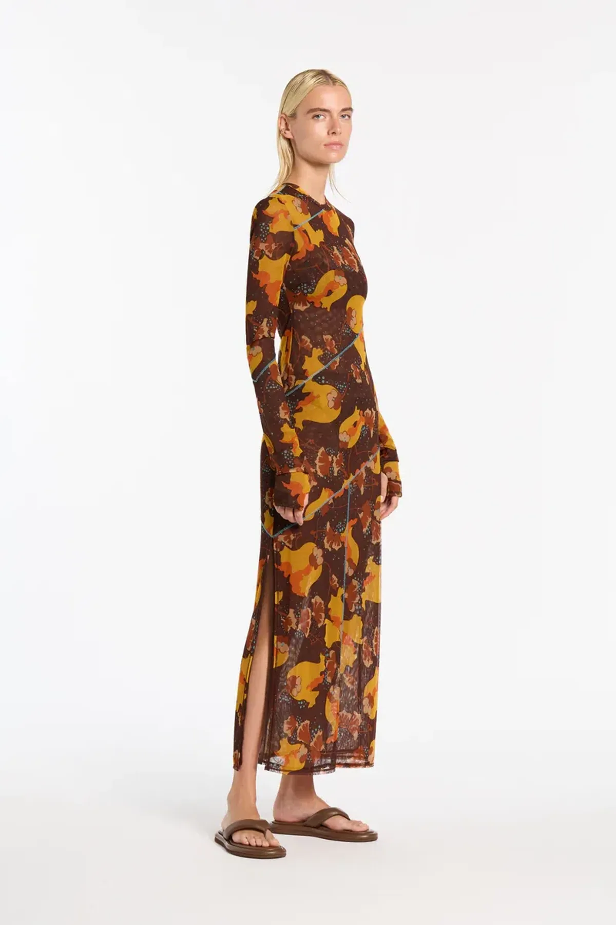 Sir the Label Jacques Mesh Panelled Midi Dress Brown Floral Size 1/ AU 8 - Image 2
