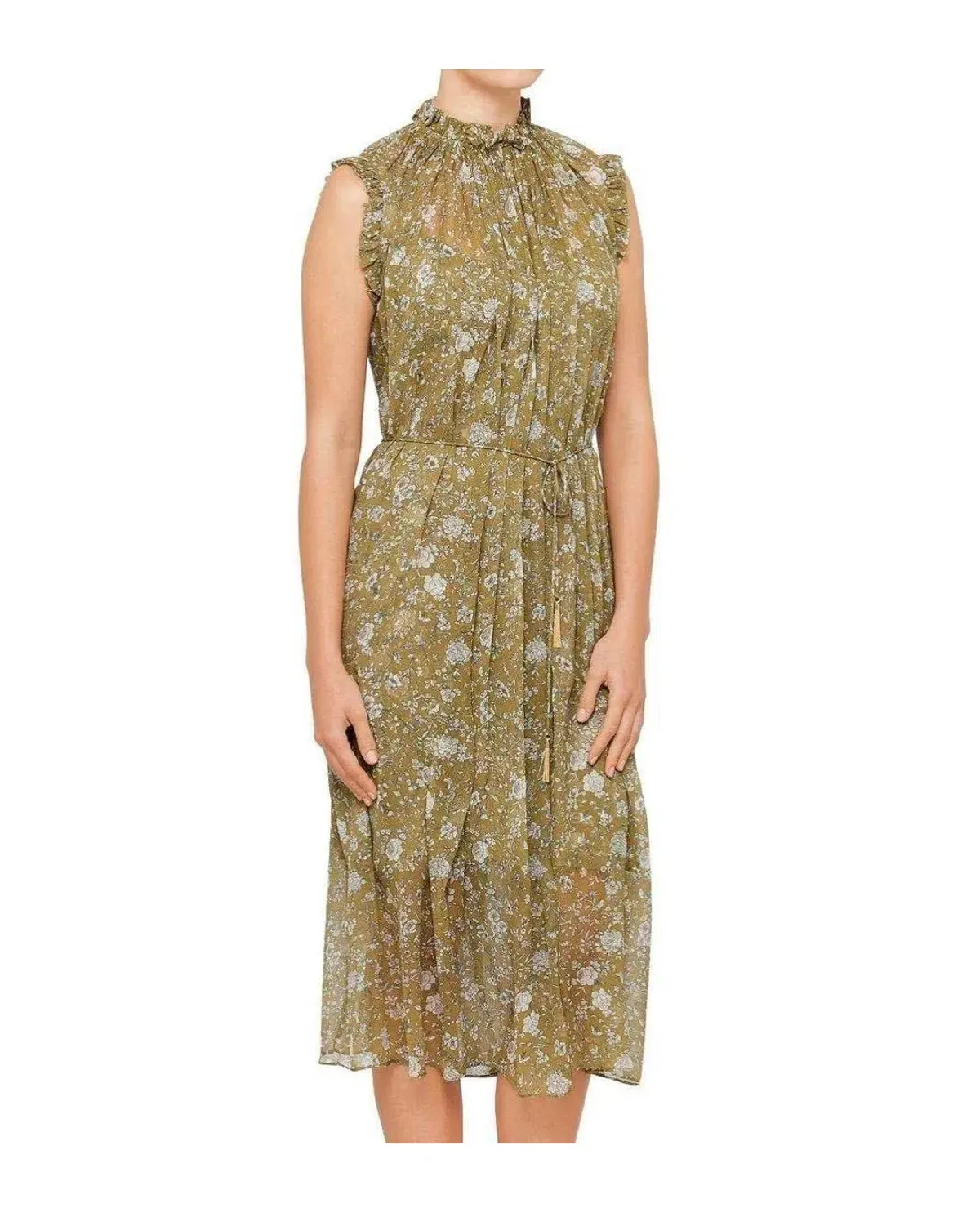 Zimmermann Rife Ruffle Neck Midi Dress Olive Floral Size 1 / AU 10 - Image 1