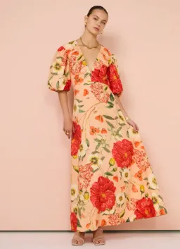 By Nicola Bolero Maxi Gathered Neckline Dress In Raspberry Punch Floral Size AU 8 for rent on The Volte - image 3