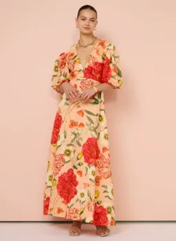 By Nicola Bolero Maxi Gathered Neckline Dress In Raspberry Punch Floral Size AU 8 for rent on The Volte - image 1