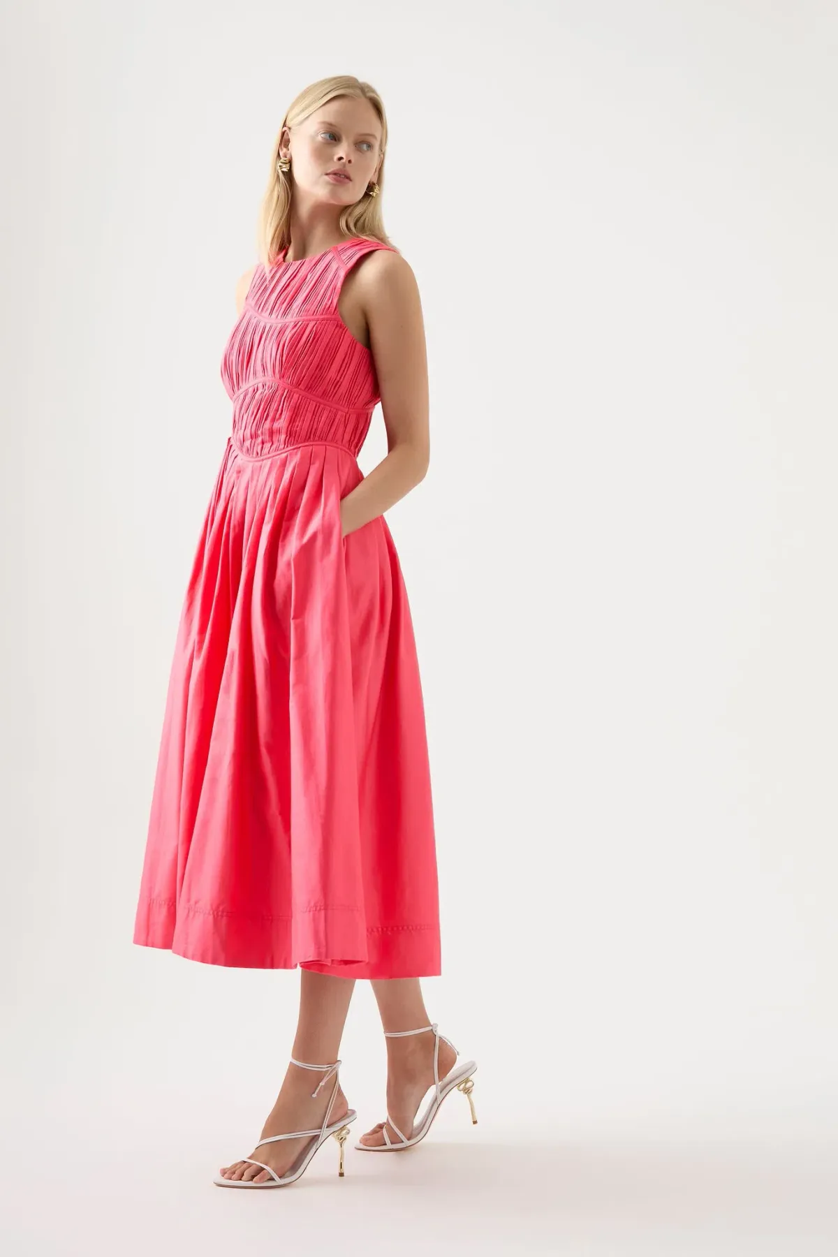Aje Nya Gathered Midi Dress Rouge Pink Size 12 for rent on The Volte - main image