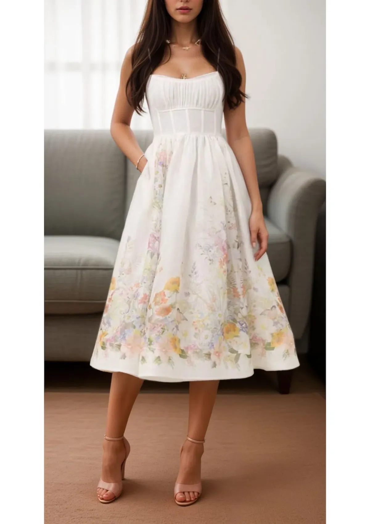 Zimmermann Natura Ruched Midi Dress Ivory Wild Flowers Size 0 / AU 8 - Image 1