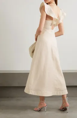 Zimmermann Halcyon Cutout Ruffled Shell-Embellished Linen Midi Dress Cream Size 3 /Best Fits AU 12 for rent on The Volte - image 2